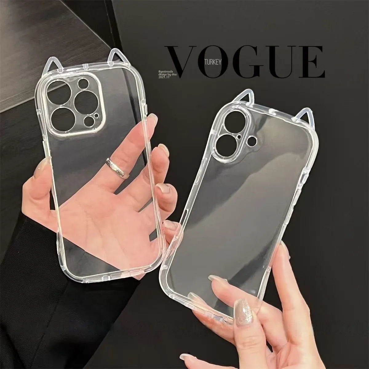 3D Hollow Cat Ears Clear Phone Case – Shockproof Airbag Cover for iPhone 11–17 Pro Max, XS/XR/X – Cute Protective Case