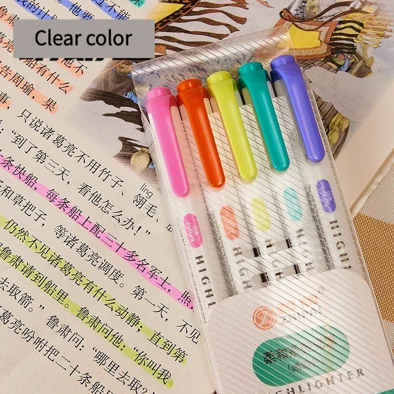 5-Color Double-Ended Highlighter Pen Set - Cute Pastel Fluorescent Markers for Drawing, Art, and Japanese-Style Stationery