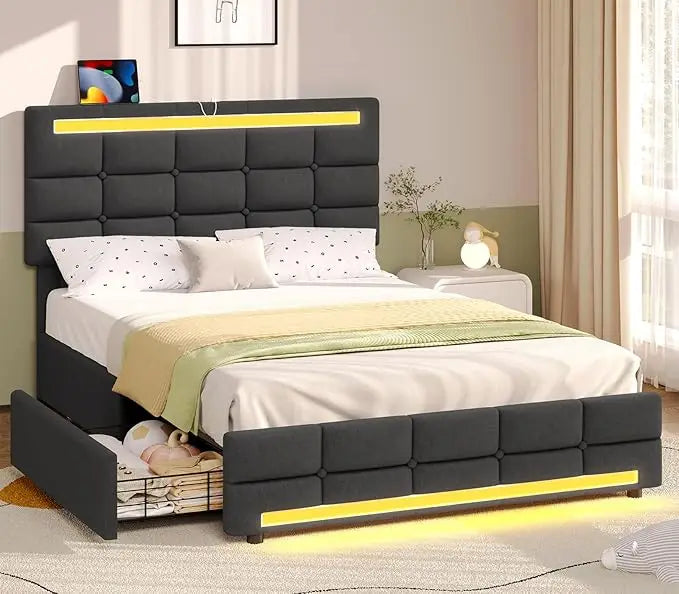 LED Full Size Bed Frame – Upholstered Platform Bed with LED Headboard & Footboard, Square Stitched Tufted Design