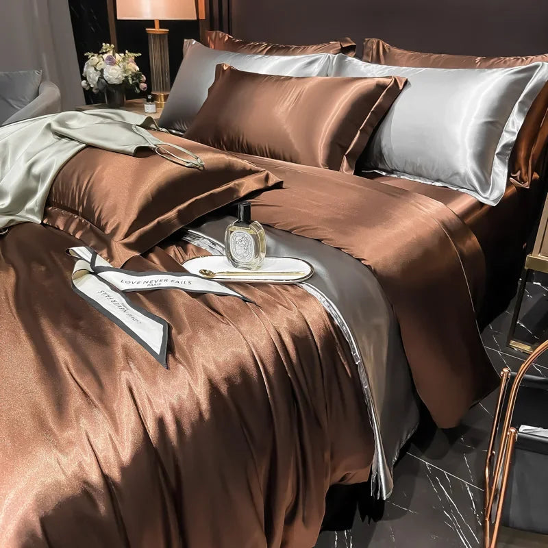 Solid Silk Bedding Set - Luxury Duvet Cover Bed Sheet Pillowcase Set For King Single Double Couple Beds