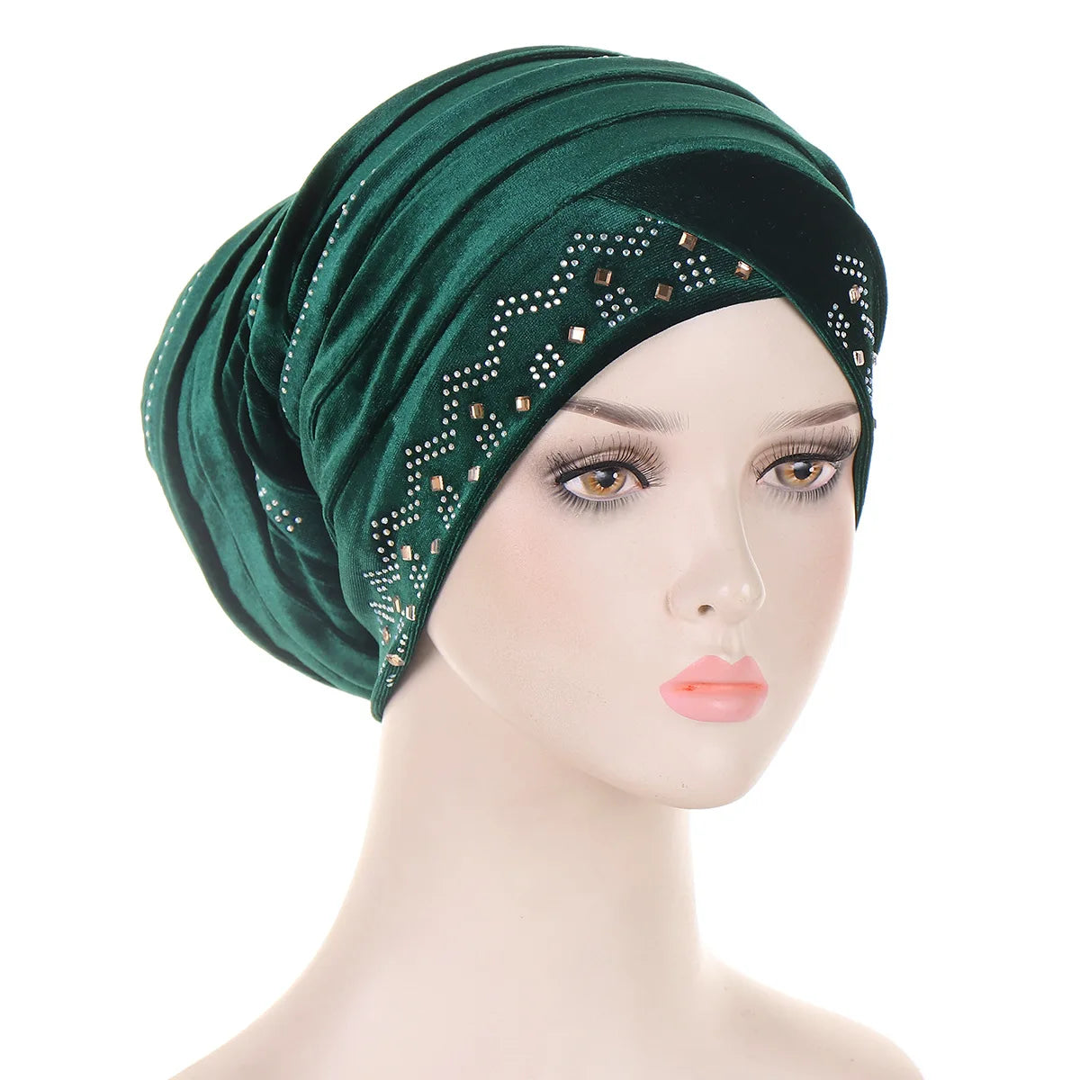 Women’s Glitter Diamond Turban Cap - Soft Velvet Pleated Head Wrap Muslim Headscarf Bonnet Beanie Cap