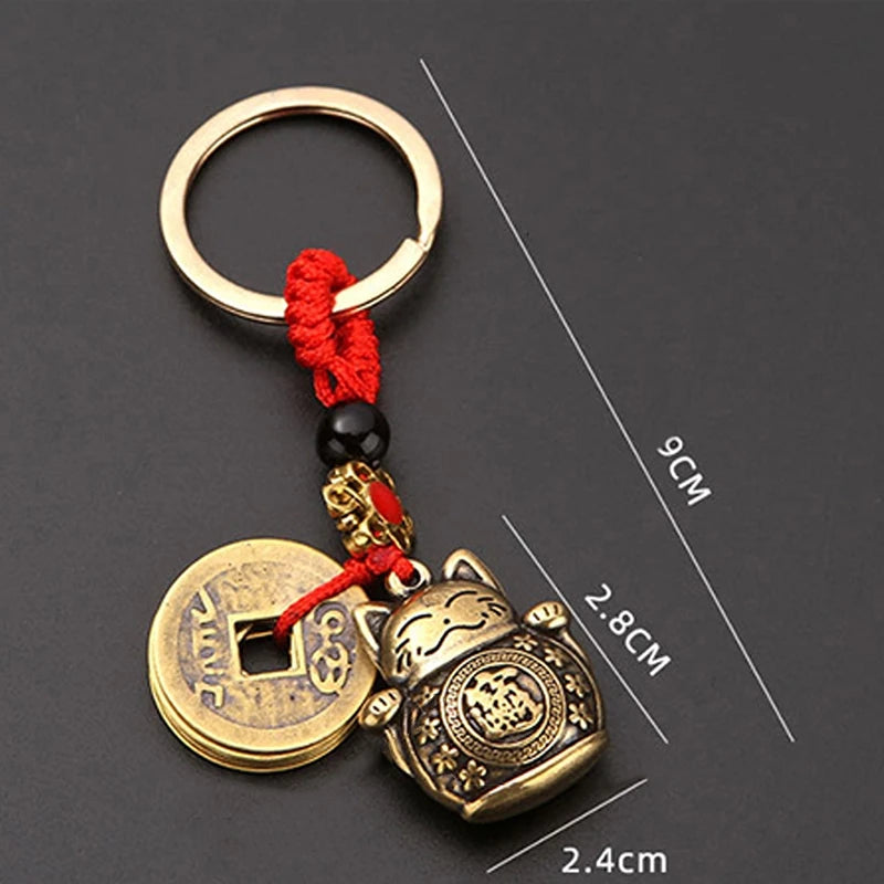 Vintage Lucky Cat Keychain - Handmade Feng Shui Five Emperors Coins Car Key Ring