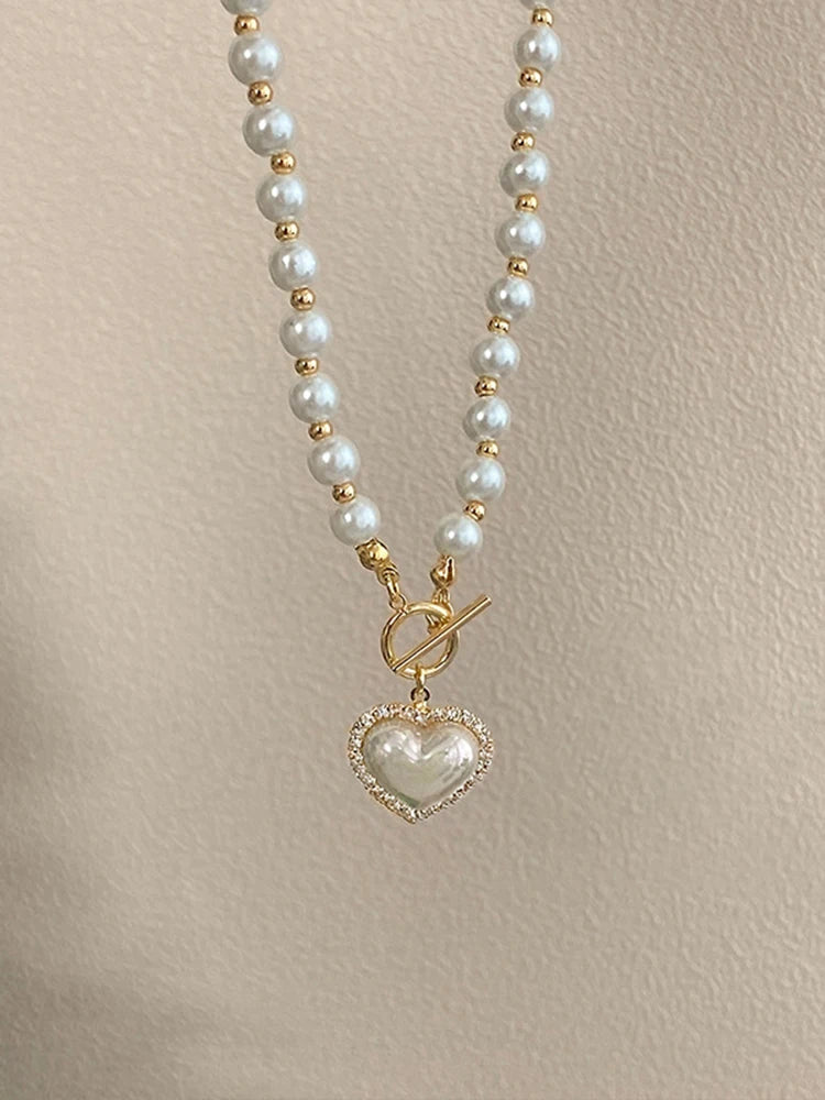 Elegant Pearl Necklace for Women – Heart Pendant Luxury Imitation Pearls Chain, Korean Jewelry Gift for Girls