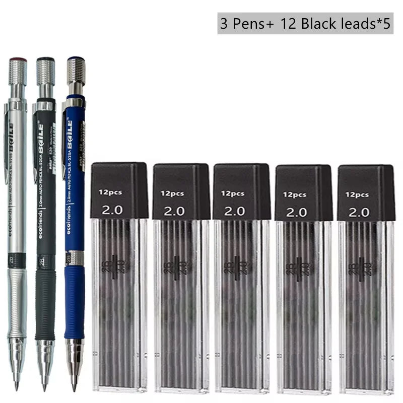 2.0mm Mechanical Pencil Set - Automatic Drawing Pencils with 2B Black and Colored Lead Refills for Writing, Sketching and Art