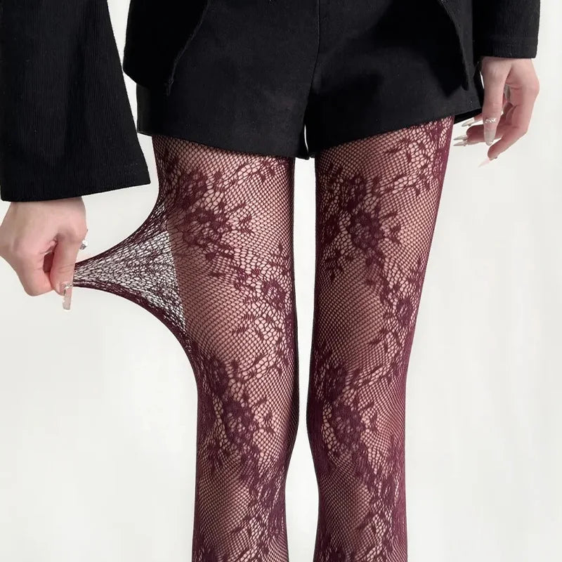 Women's Floral Lace Mesh Pantyhose - Harajuku Hollow Out Tights with Rattan Pattern Fashion Hosiery