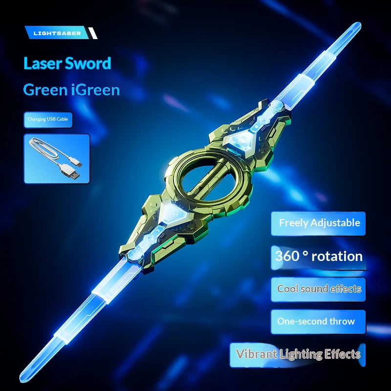 Spinning LED Toy Sword - Double-Ended Telescopic Light-Up Sword with Rotating Blades for Kids