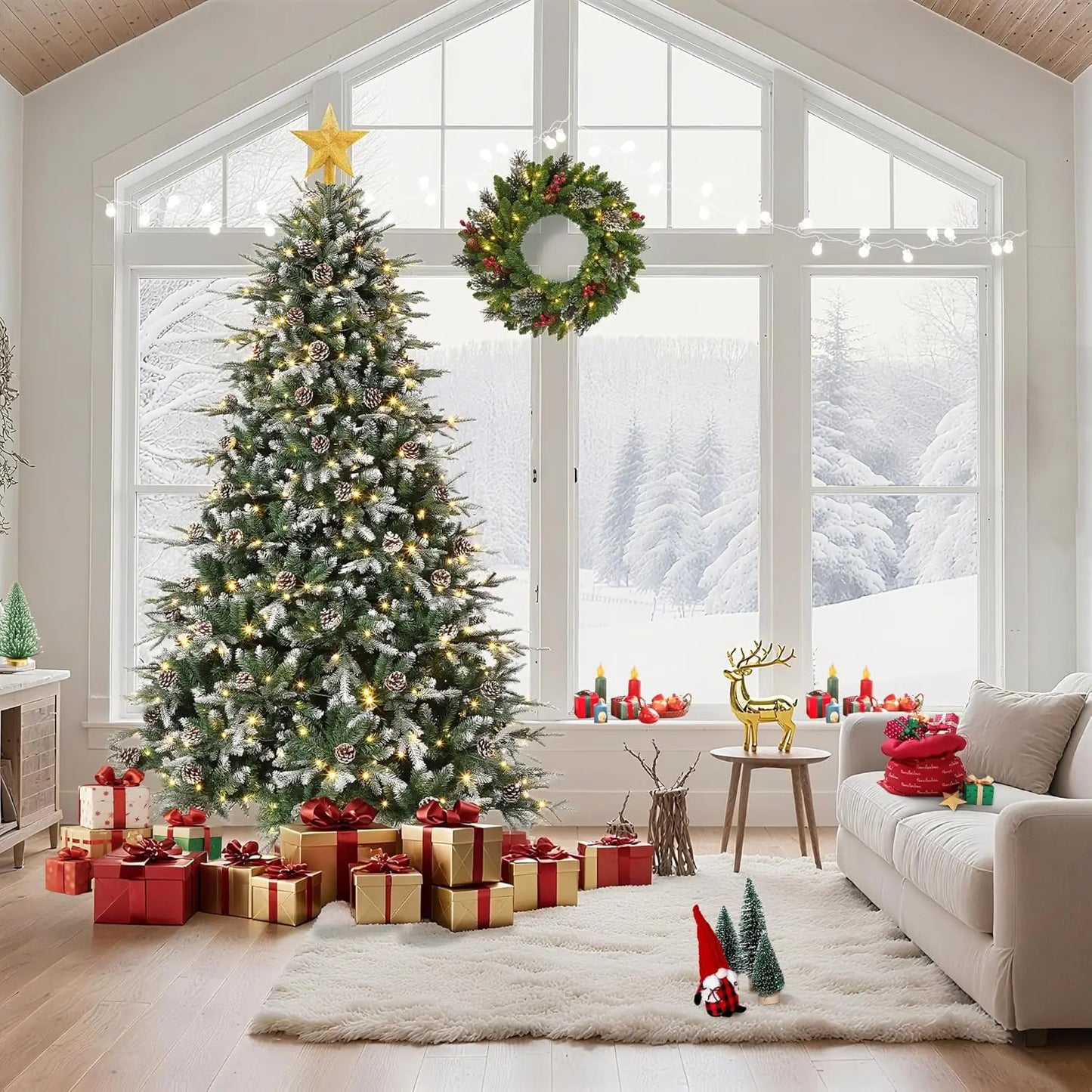 Pre-Lit Snow Flocked Christmas Tree with LED Lights & Pine Cones β 6ft/7.5ft/9ft Artificial Holiday Tree for Home Decor