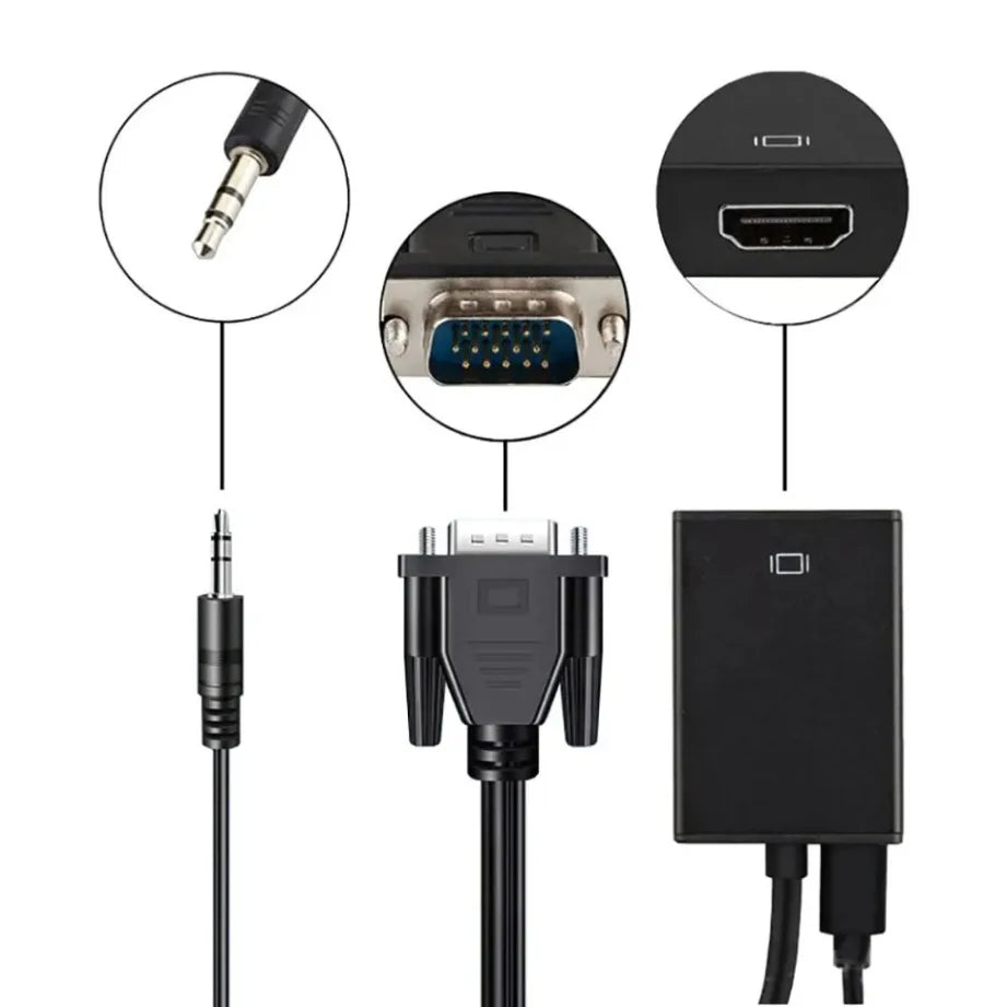VGA to HDMI Converter Adapter - Audio Video Cable with 3.5mm Sound Support for Computer Laptop TV Projector Display