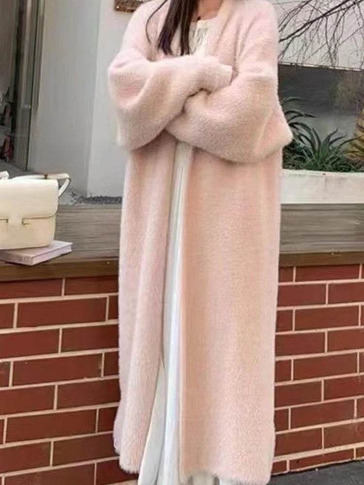 Autumn/Winter Lazy Style Warm Knee-Length Cardigan – Thickened Imitation Mink Fleece Knitted Sweater, Women’s Warm Coat