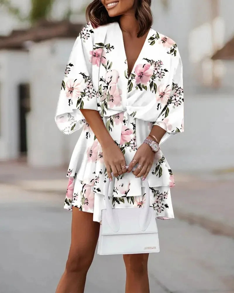 Women’s Sexy V-Neck Ruffle Mini Dress – Summer Boho Floral Batwing Sleeve Beach Party Dress