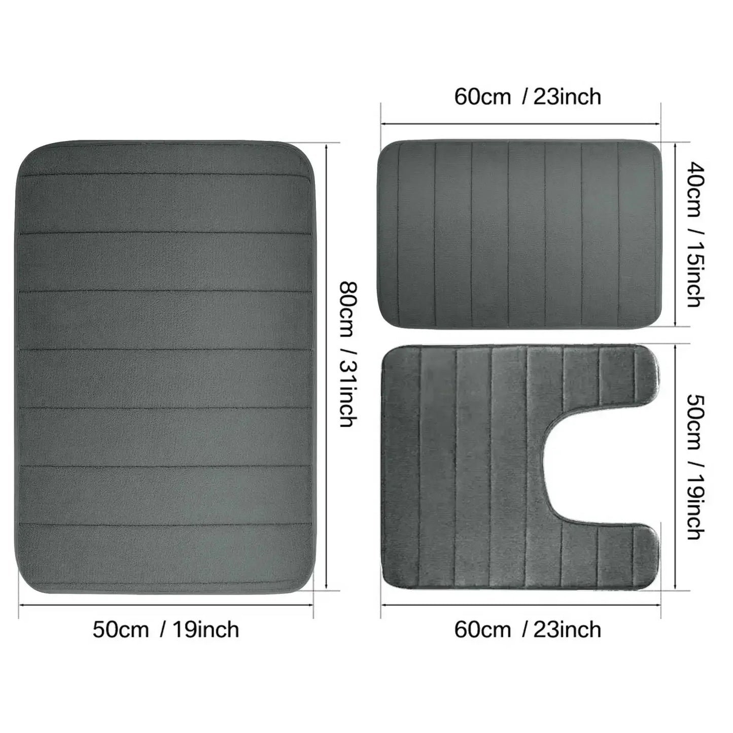Non-Slip Grey Memory Foam Bath Mat Set – Soft, Water Absorbent, Quick-Drying, Machine Washable Bathroom Rugs for Home Floor
