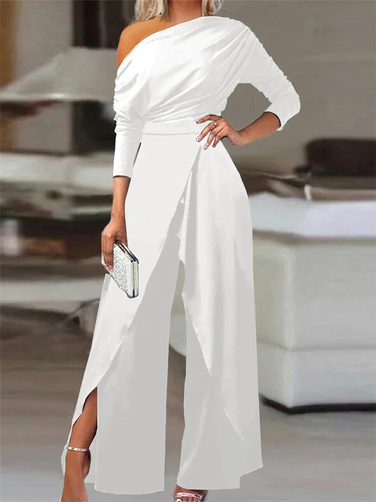 Women’s Elegant Jumpsuit 2025 – Spring Office Wear, Loose Ruched Cold Shoulder, Split Hem Wide Leg Plain Jumpsuit