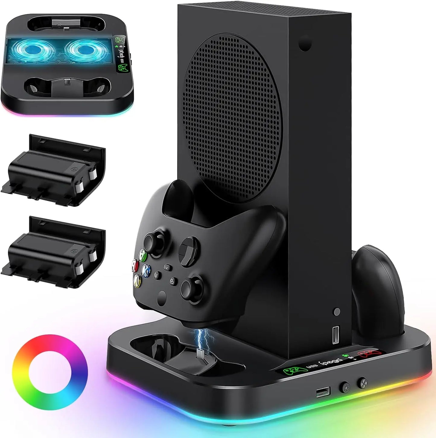 IPEGA Cooling Stand for Xbox Series S – RGB Light, Charging Station with 2x1400mAh Batteries, 3-Speed Adjustable Cooling Fan
