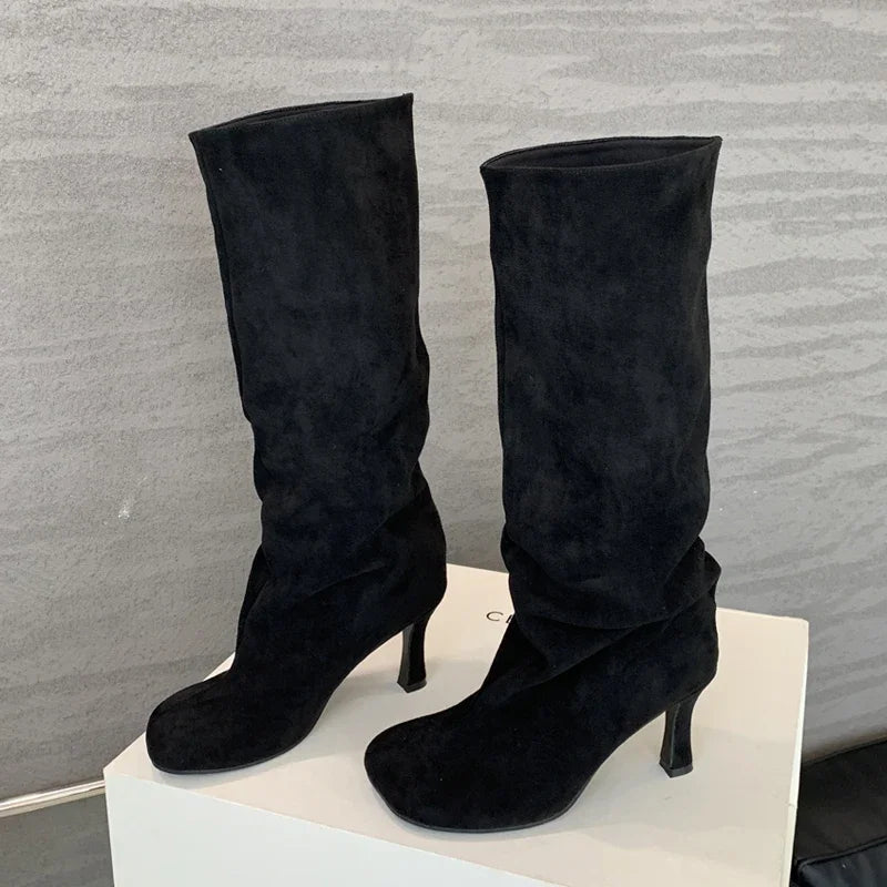 Eilyken Winter Street Style Knee-High Boots – Round Toe, Punk Thin High Heels, Fashionable Women's Long Booties