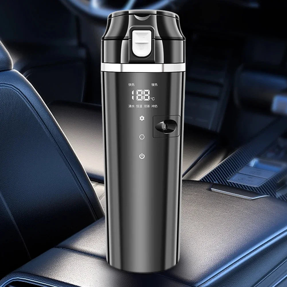 12V/24V Car Heating Cup - 500ml Stainless Steel Electric Kettle with LCD Display, Smart Heated Mug for Coffee, Tea & Milk