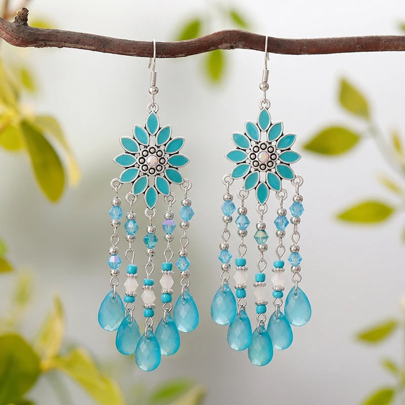 Bohemian Acrylic Water Drop Earrings - Crystal Bead Long Dangle Vacation Jewelry for Women