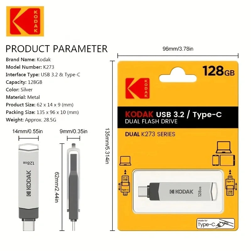 Kodak K273 High-Speed USB 3.2 Flash Drive – Type-C Dual-Use for Phone & Computer, 32GB to 256GB