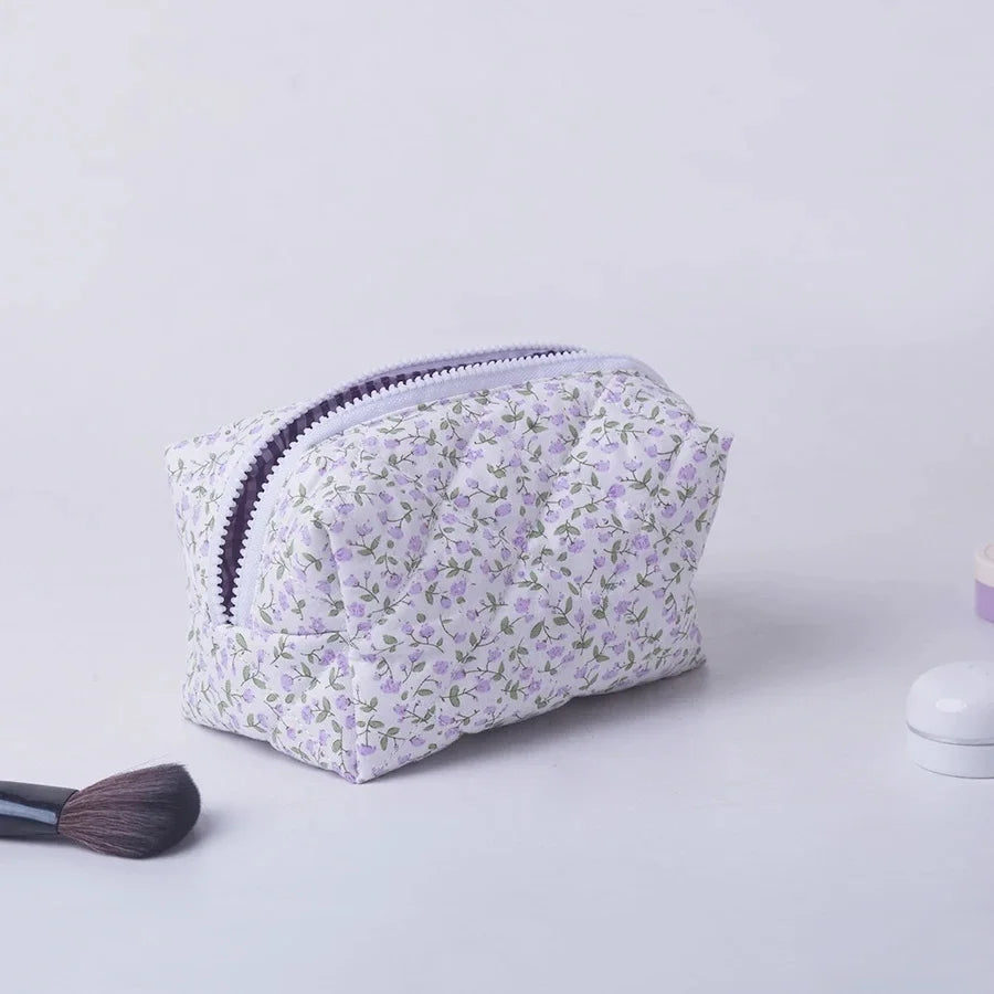 Floral Puffy Quilted Makeup Bag — Large Travel Cosmetic Organizer Pouch with Flower Print for Makeup Accessories