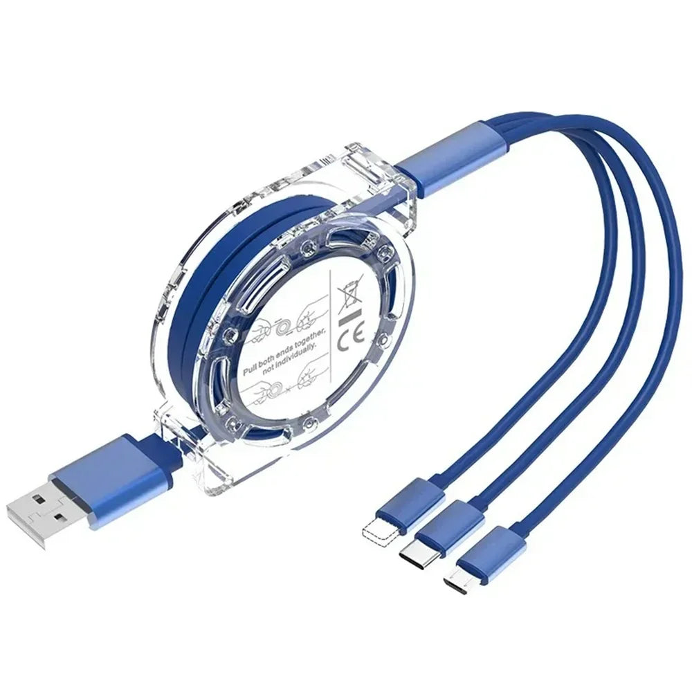 3-in-1 Retractable USB Data Cable – Fast Charging for iPhone, Type-C & Micro USB, Compatible with Android, Xiaomi, Huawei, Samsung
