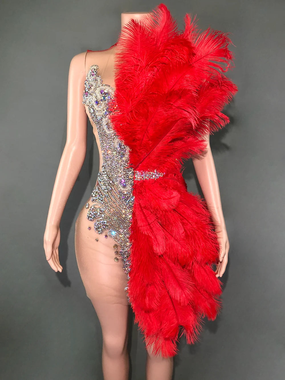 Sparkly Rhinestone Mesh Velvet Feather Mini Dress - Sleeveless Birthday & Dance Performance Costume