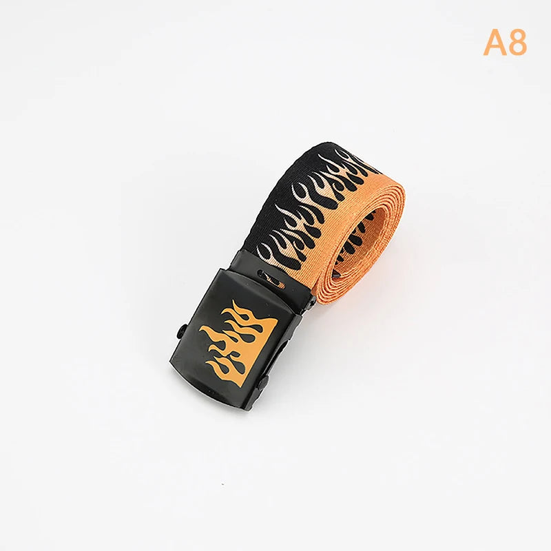Hip Hop Fashion Canvas Belt – Personalized Flame Design, Casual & Punk Cowboy Belt for Men & Women