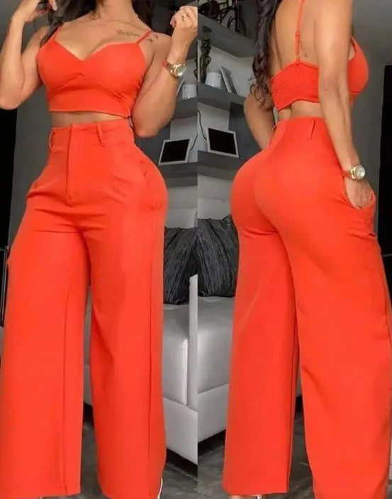 CM.YAYA Women’s 2-Piece Set – Spaghetti Strap V-Neck Crop Top & Wide Leg Pants, Party Tracksuit 2024