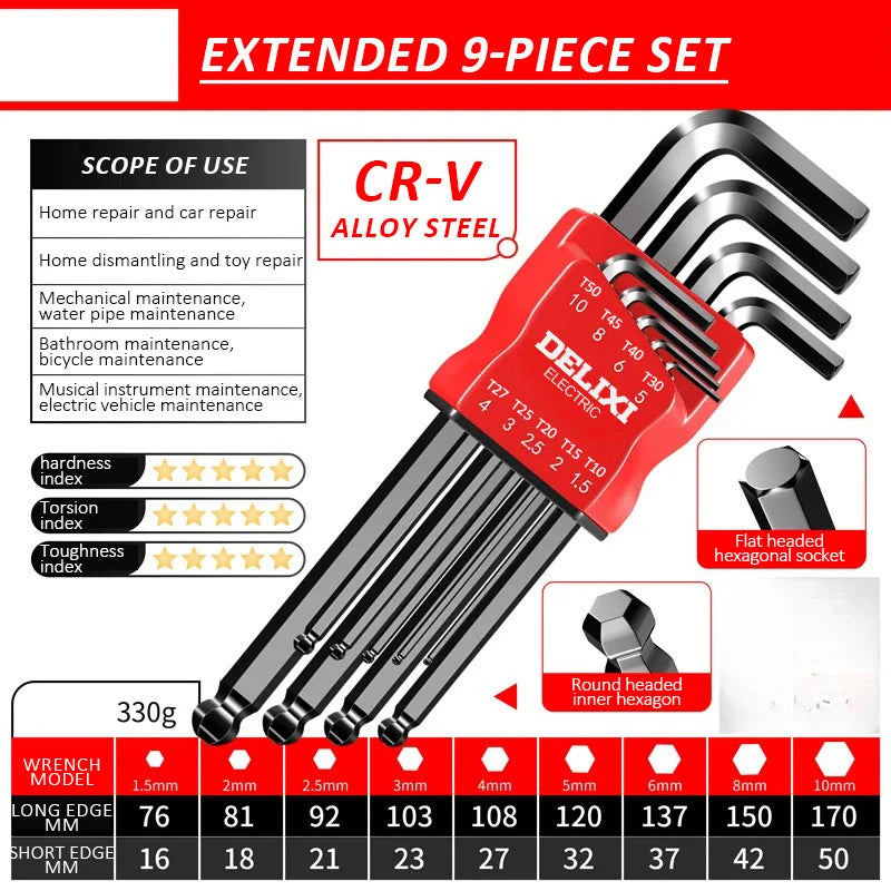 DELIXI ELECTRIC Allen Key Set - Metric Hex Wrench Screwdriver Kit with Long Torque Handles for Motorcycles & Bicycles