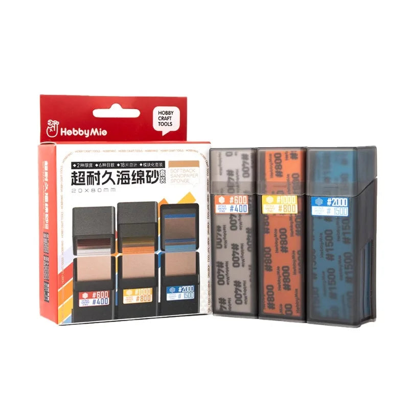 HOBBY MIO #400β#2000 Softback Sandpaper Sponge Set β Curved Sanding Tools with Storage Box for Plastic Model Polishing