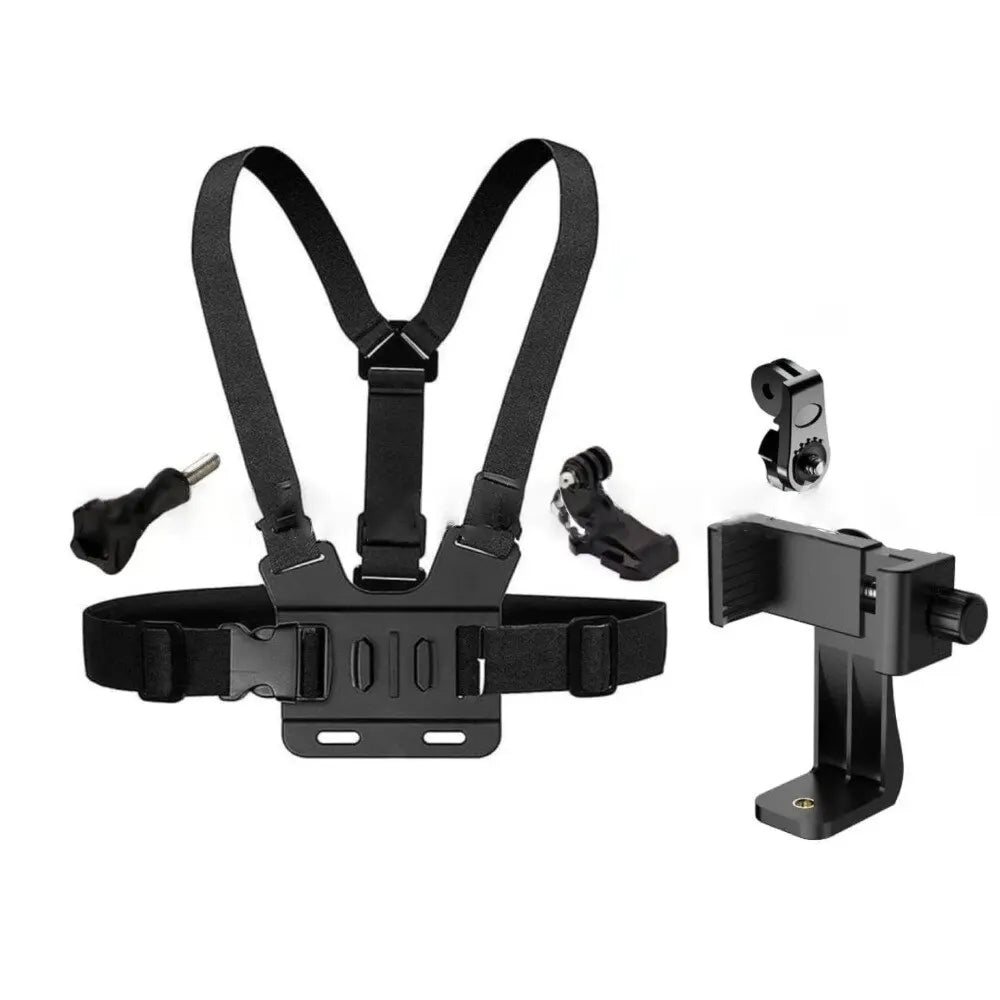 Adjustable Phone Clip Holder with Chest Strap Fixation Bracket - Black Holder Accessory for Sport and Mobile Phone Camera