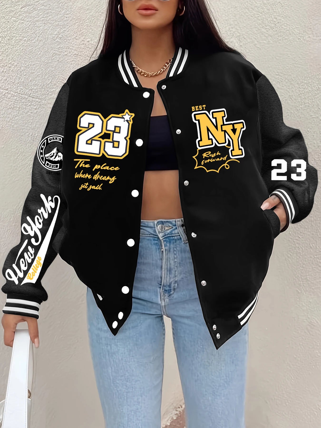 New York 23 Letter Print Women’s Harajuku Fleece Baseball Jacket – Vintage Button-Up Loose Streetwear Jersey Coat
