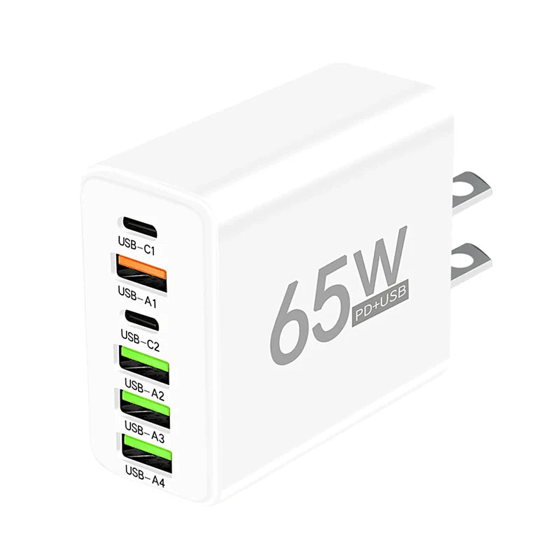 USB Type C 6-Port Wall Charger - PD Fast Charging for iPhone 15/14 Pro Max, Samsung, Xiaomi, Huawei Mobile Phones