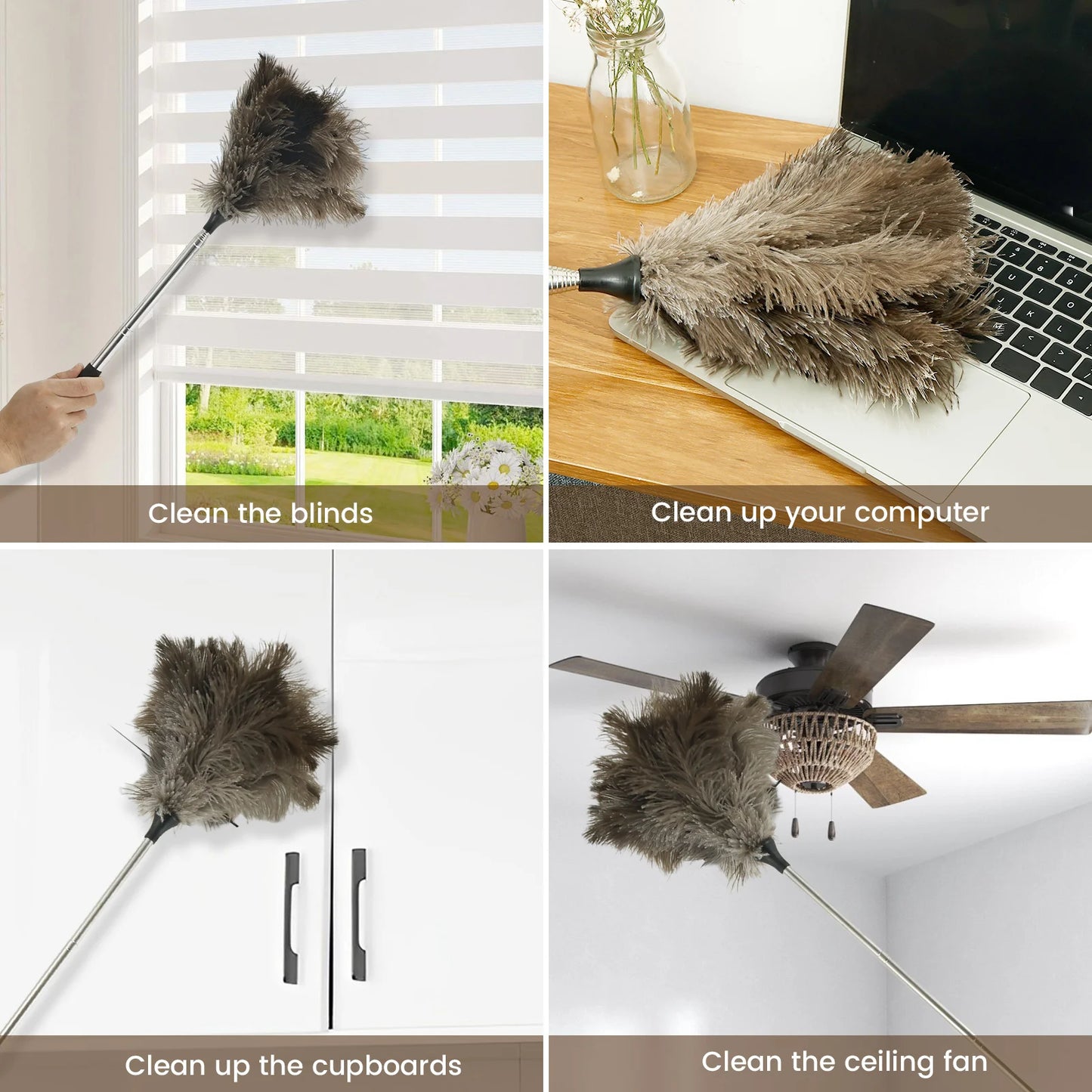 Extendable Ostrich Feather Duster – Long Stainless Steel Handle for Household Furniture Dust Cleaning