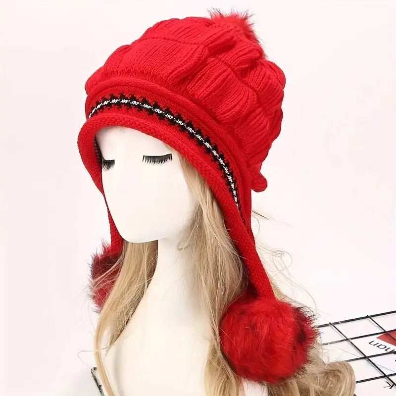 Cozy Knit Fleece Beanie with Ear Flaps & Pompom β Warm Winter Hat for Women, Ideal for Skiing & Outdoors