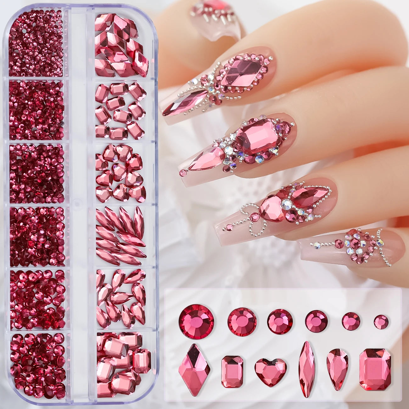 12-Grid Mixed Nail Rhinestones SS6-SS30 – Shiny Flat-Back Gems in Clear, Gold, Pink & Blue for Nail Art Decoration