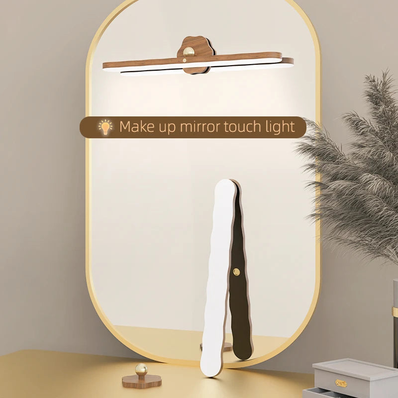 Wooden LED Night Light Mirror Front Fill Light: Portable Rechargeable Magnetic Wall Lamp for Bedroom - Bedside Lamp with Touch Switch