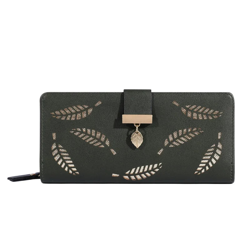 Women’s Long PU Leather Wallet – Gold Hollow Leaf Design Clutch Purse with Coin Pocket & Card Holders