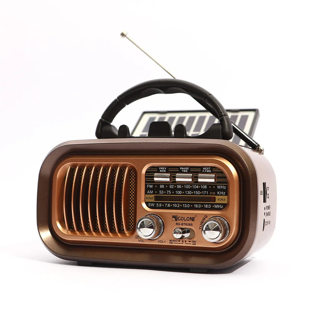 Solar-Powered AM/FM Radio with Bluetooth - Portable Vintage Stereo Speaker, USB Rechargeable with Large Tuning Knob