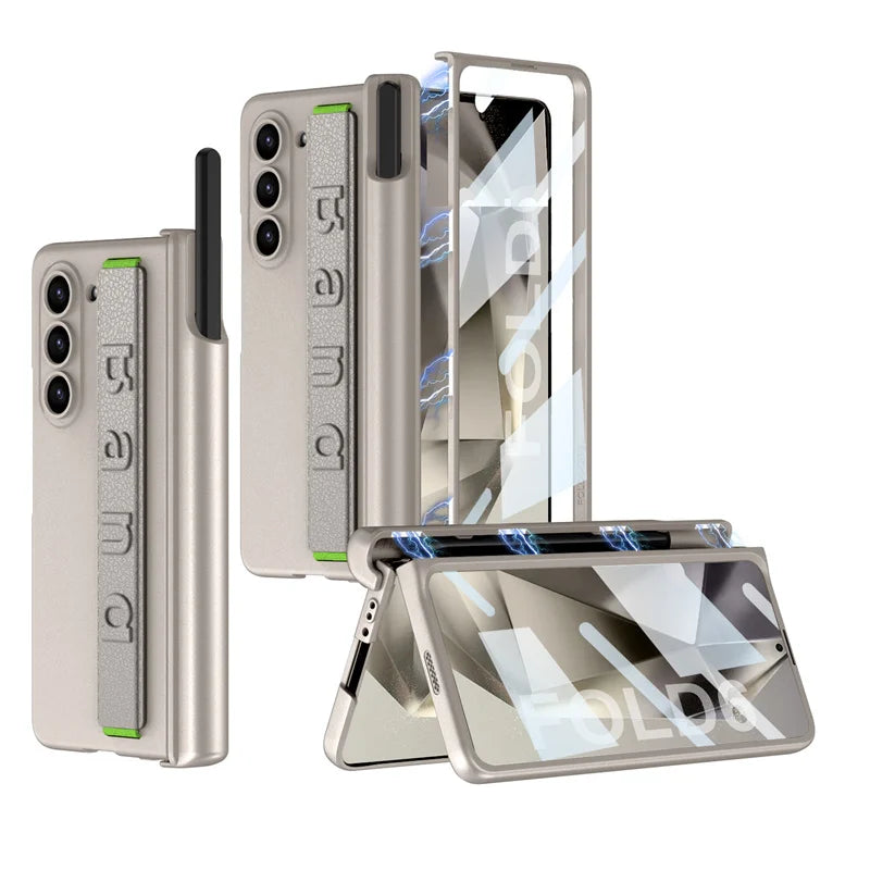 Magnetic Hinge Wrist Strap Case with Pen Slot & Screen Glass for Samsung Galaxy Z Fold 6/5/4/3 – Hard Protective Cover