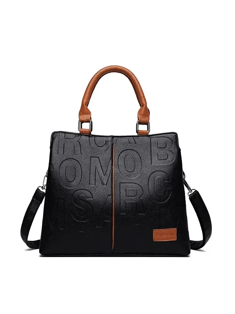 2023 New Fashion Large Capacity Shoulder Handbag - Solid Color, Soft Leather, Letter Embossed Ladies' Bag