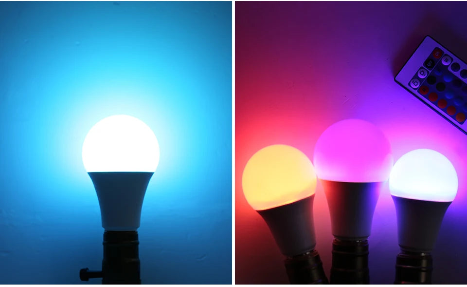 16-Color RGB LED Bulb E27 – Dimmable Multicolor 220V Household Lighting with 24-Key Remote & Neon Atmosphere Light