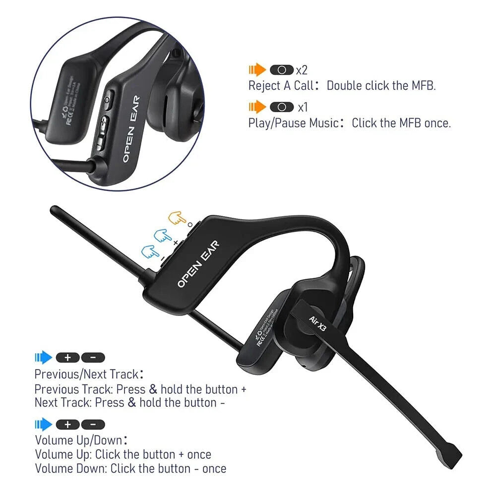 Open-Ear Bluetooth Headset — Wireless Air Conduction Headphones with Noise-Canceling Microphone for Truckers, Office & Call Centers
