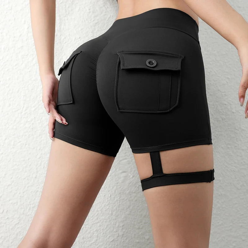 Women’s Peach Butt Fitness Shorts – High-Waisted Lift Yoga Capri Pants with Cargo Pockets, Quick-Dry Summer Workout Leggings