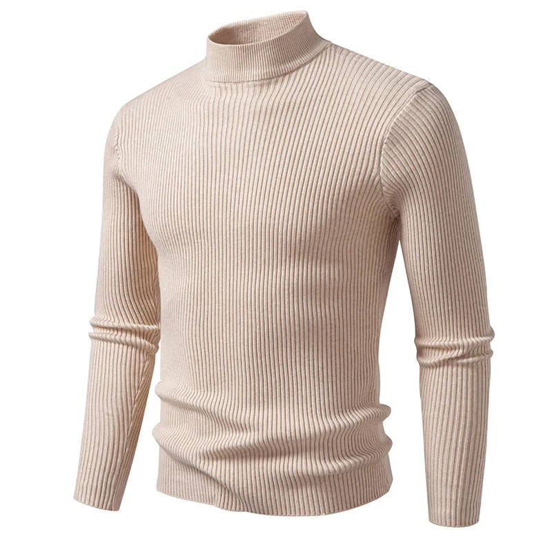 Men's Mock Neck Pullover Sweater - Striped High Neck Long Sleeve Winter Warm Casual Knitwear