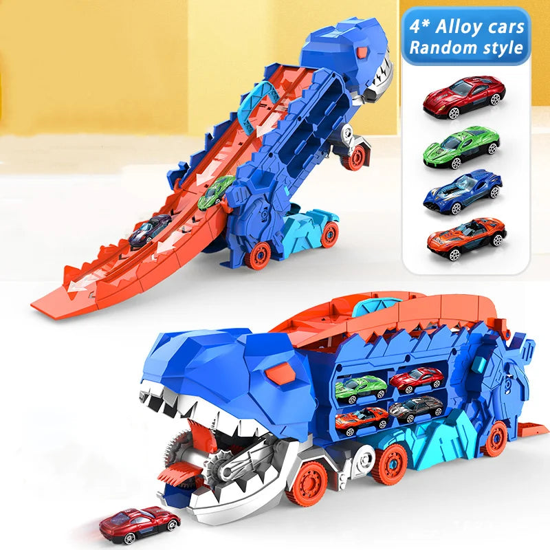 Dinosaur Transporter Truck Toy β Foldable Track with Alloy Car and Transforming Dinosaur | Gift for Toddler Boys
