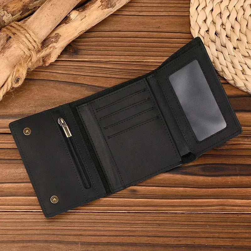 Men's Genuine Leather Short Wallet with Chain β Zipper Clutch, Trifold Purse, Card Holder & Coin Purse for Men