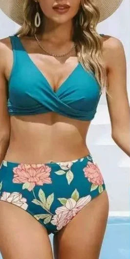 Vzvn Women’s Vintage Print Bikini Set - Cross Pleated Backless Lace-Up Two Piece Swimwear
