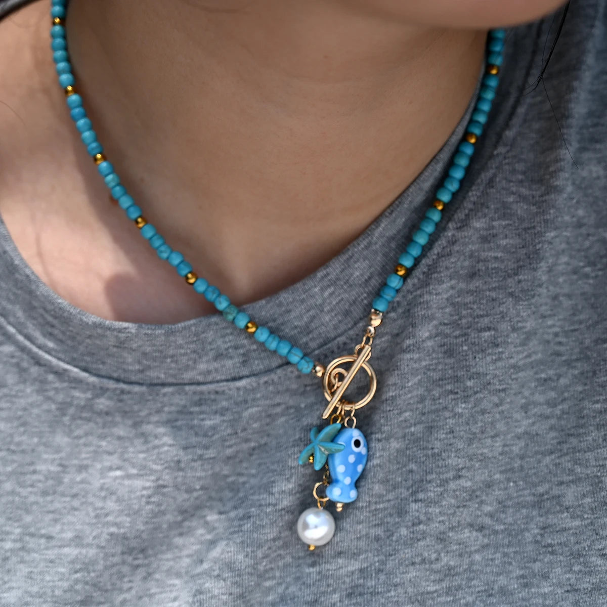 Bohemian Fish & Starfish Pendant Necklace - Sea-Inspired Ceramic Beach Jewelry with Synthetic Turquoise Beads