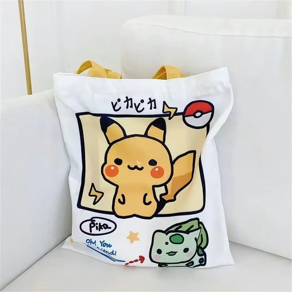 Pokemon Canvas Shoulder Bag - Pikachu Psyduck Squirtle Large Capacity Reusable Casual Handbag for Women Shopping