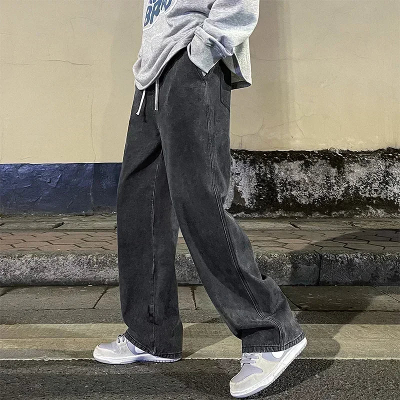 Men’s Loose Straight Leg Jeans - 2026 Streetwear Wide-Leg Fashion Pants in Black & Light Blue