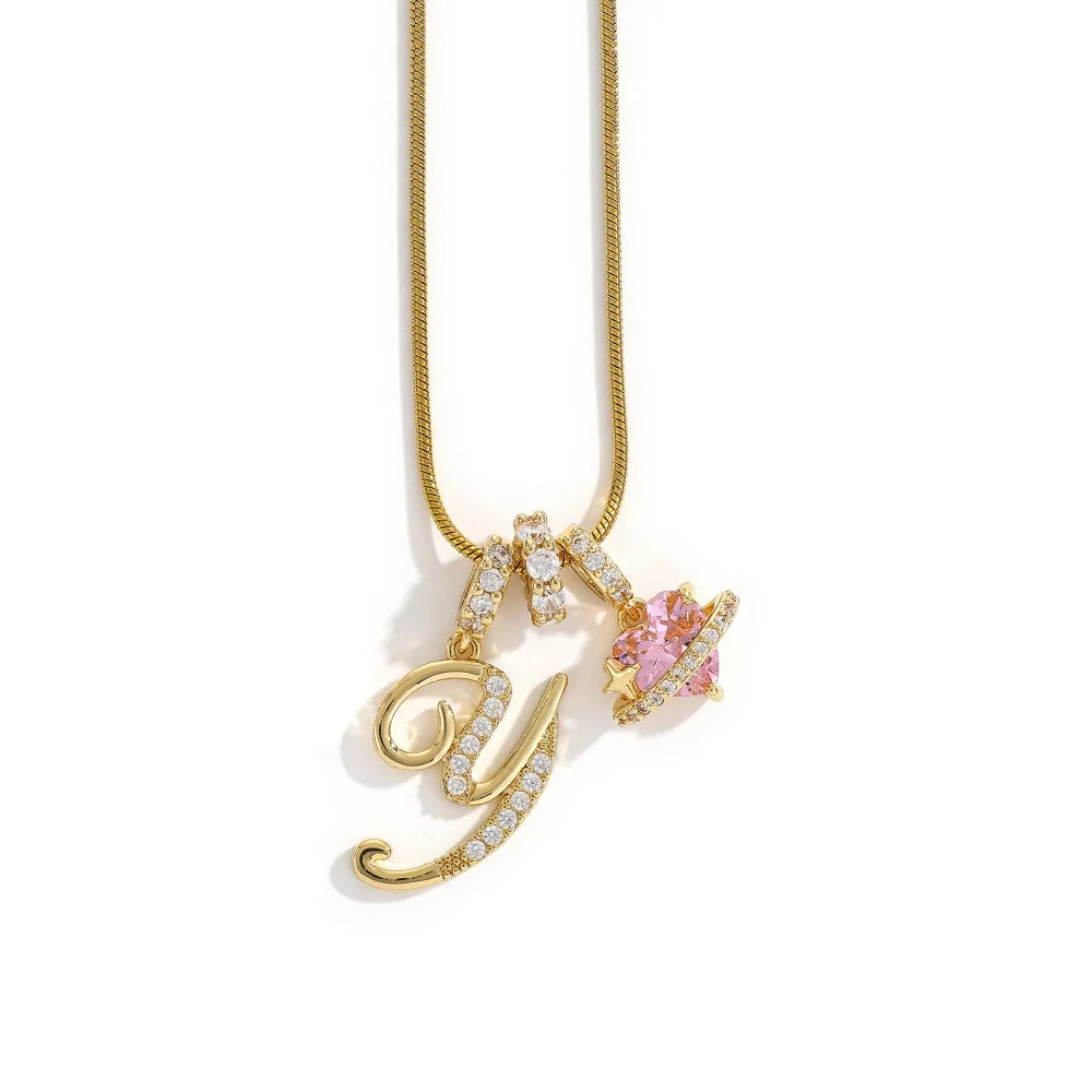 Gold Zircon Flower Letter Necklace - A-Z Alphabet Pendant Jewelry Gift for Women